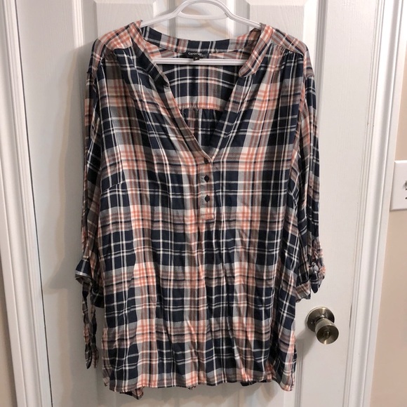 Navy and orange plaid blouse - Picture 1 of 6